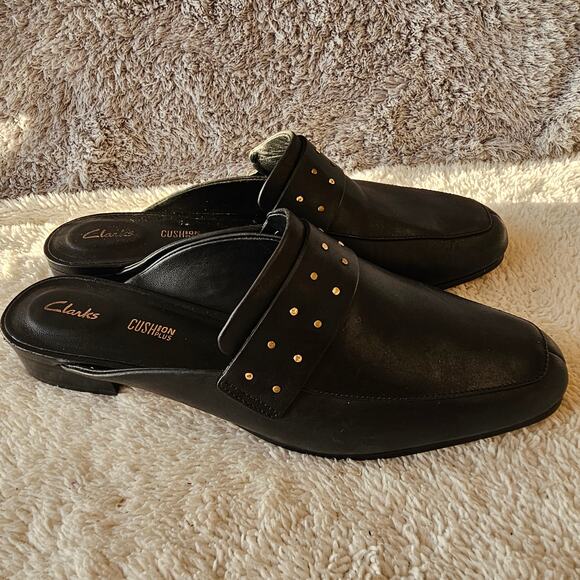 Clarks Women's Pure Cushion Plus Leather Slip On Mules Size 8.5M Studded Black‎ - Picture 1 of 6